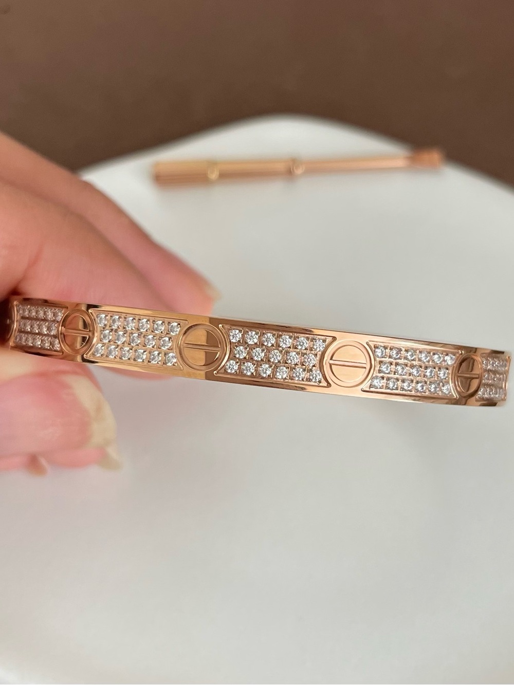Pavé Crystal Rose Gold Screw-Accent Bangle Bracelet